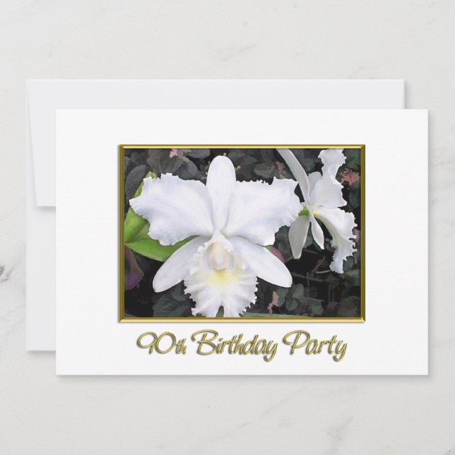 Invitation Fête d'anniversaire blanche croquante d'orchidées (Devant)