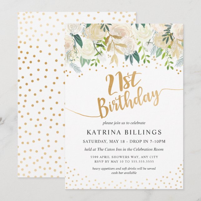 Invitation Fête d'anniversaire blanche florale et 21ème d'or (Devant / Derrière)