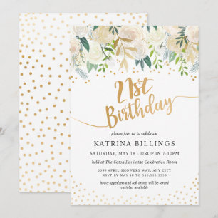 Invitation Fête d'anniversaire blanche florale et 21ème d'or