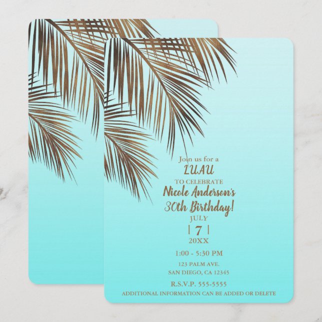 Invitation Fête d'anniversaire bleu aqua Copper Palm de Baham (Devant / Derrière)
