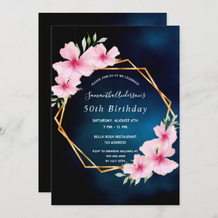 Invitation fête d'anniversaire bleu ciel rose fleurs