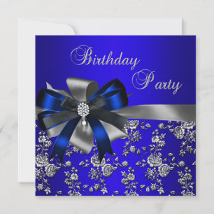 Invitation Fête d'anniversaire bleu Damask Pearl argent noir