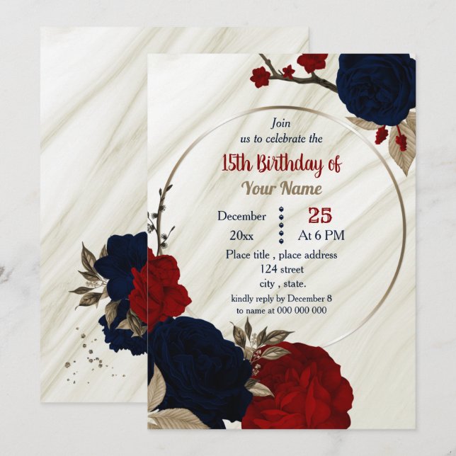 Invitation fête d'anniversaire bleu et rouge floral (Devant / Derrière)