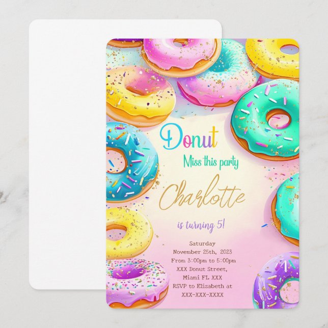 Invitation Fête D'Anniversaire Bleu Et Vert De La Donut (Devant / Derrière)