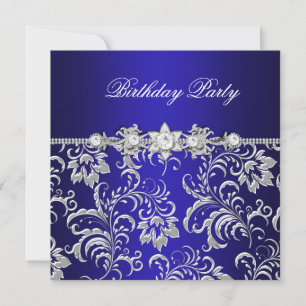Invitation Fête d'anniversaire bleu foncé floral damassé arge