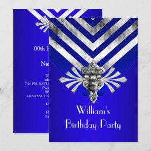 Invitation Fête d'anniversaire Bleu Royal avec Rayure Argenté