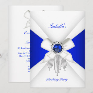 Invitation Fête d'anniversaire bleu royal blanc diamant perle