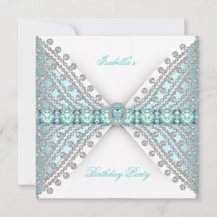 Invitation Fête d'anniversaire BLEU TURQUOISE Argent Blanc Di