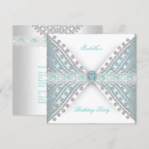 Invitation Fête d'anniversaire BLEU TURQUOISE Argent Blanc Di