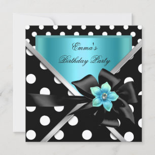Invitation Fête d'anniversaire Bleu Turquoise Noir Pois