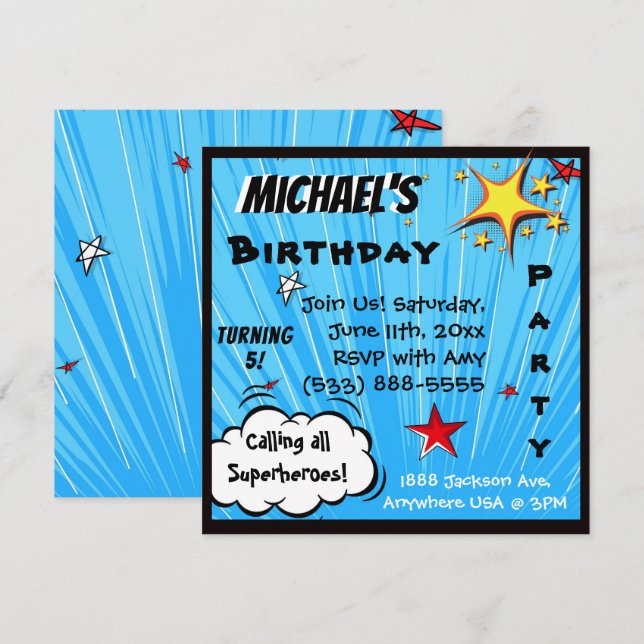 Invitation Fête d'anniversaire bleue de bande dessinée de (Devant / Derrière)