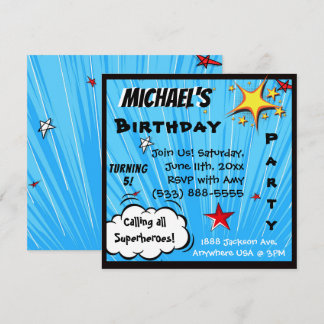 Invitation Fête d'anniversaire bleue de bande dessinée de
