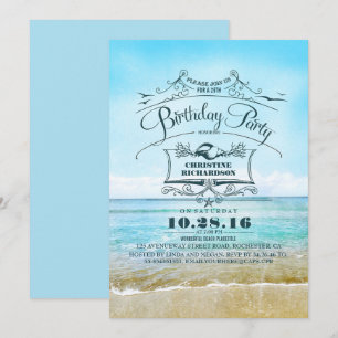 Invitation Fête d'anniversaire bleue de mer d'Ombre de plage
