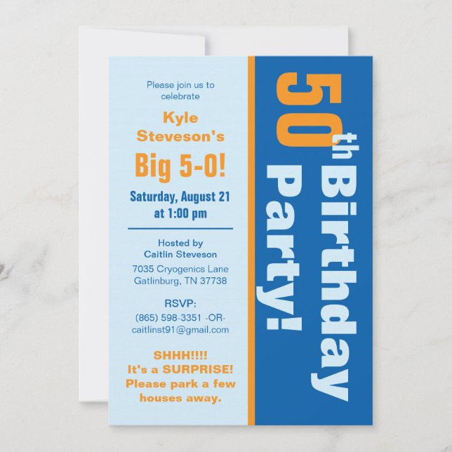 Invitation Fête d'anniversaire bleue et cinquantième d'orange (Devant)