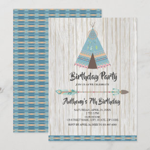 Invitation Fête d'anniversaire bleue tribale rustique de
