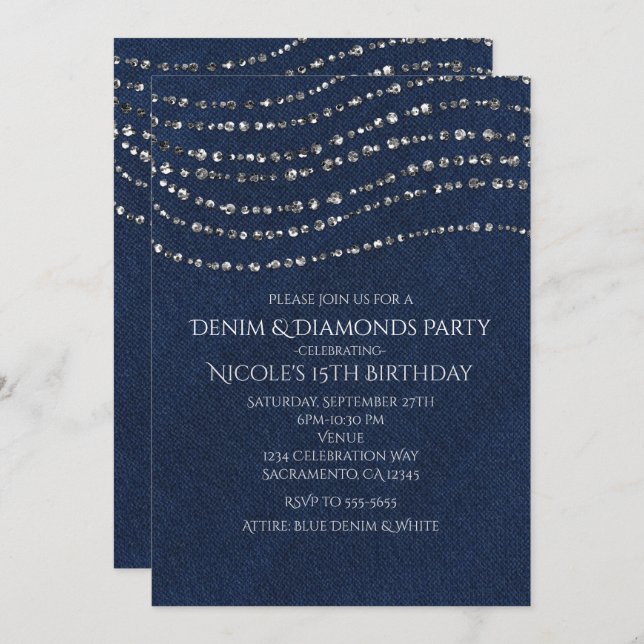 Invitation Fête d'anniversaire Blue Denim & Diamonds Sparkle  (Devant / Derrière)