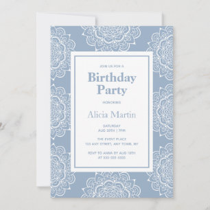 Invitation Fête d'anniversaire Blue Grey & White Mandala
