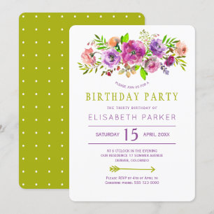 Invitation Fête d'anniversaire bohème florale rustique verte 