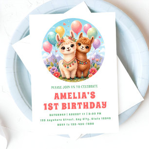 Invitation Fête d'anniversaire Boho Alpaca Duo