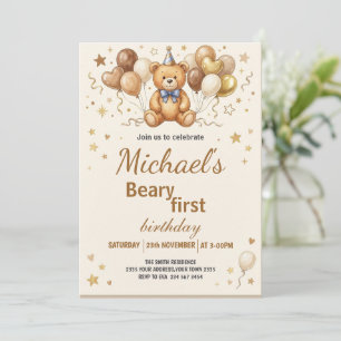 Invitation Fête d'anniversaire Boho Teddy Bear Beary premier
