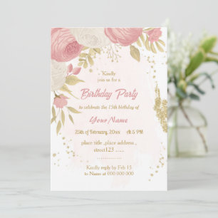 Invitation fête d'anniversaire botanique en or rose et blanc