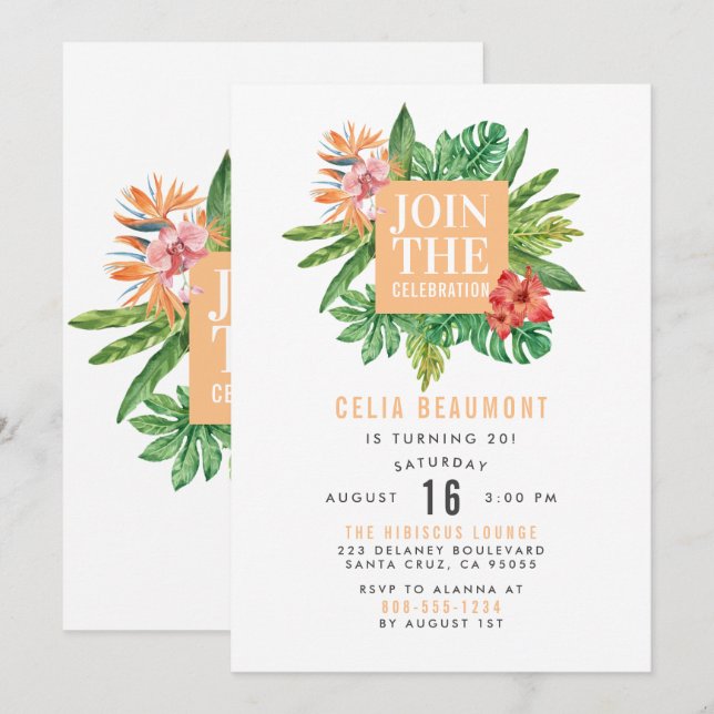 Invitation Fête d'Anniversaire Botanique Tropicale (Devant / Derrière)