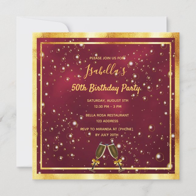 Invitation Fête d'anniversaire bourgogne bulles d'or (Devant)