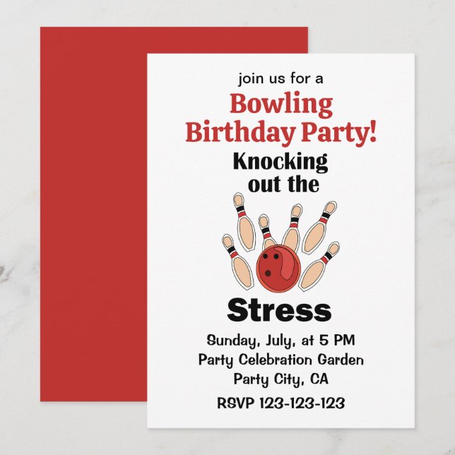 Invitation Fête d'anniversaire Bowling Strike Knockout le Str (Devant / Derrière)