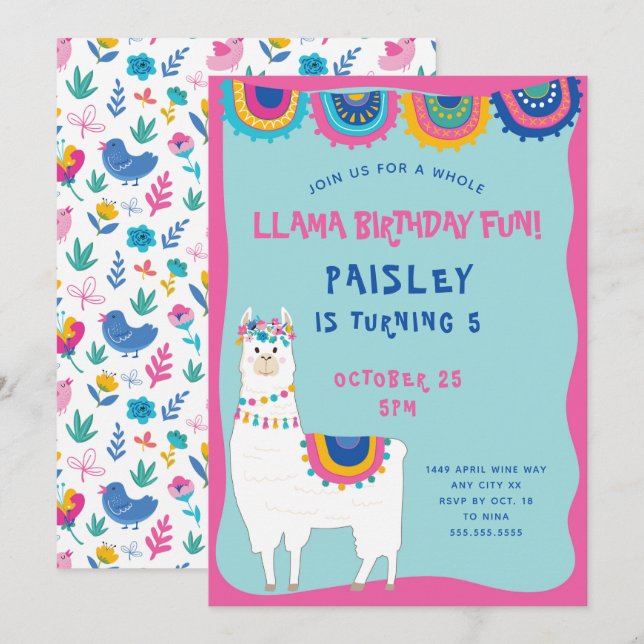 Invitation Fête d'anniversaire branchée de Llama (Devant / Derrière)