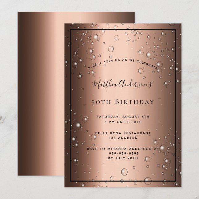 Invitation Fête d'anniversaire bronze brun bulles noires (Devant / Derrière)
