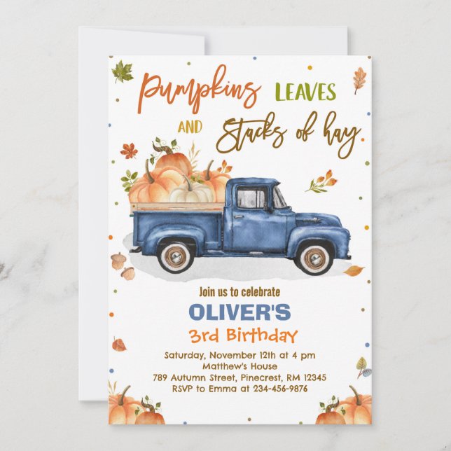 Invitation Fête d'anniversaire camion citrouille automne anni (Devant)