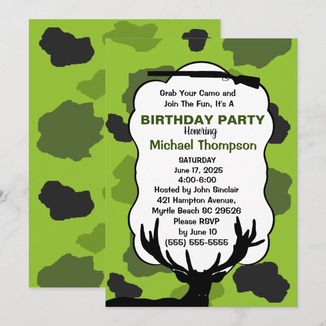 Invitation Fête d'anniversaire camouflage de chasseur de cerf (Devant / Derrière)