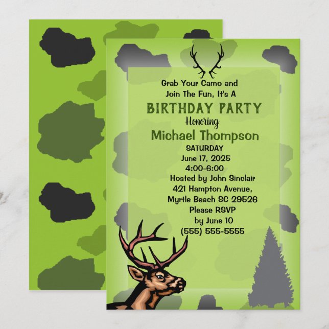 Invitation Fête d'anniversaire camouflage de chasseur de cerf (Devant / Derrière)