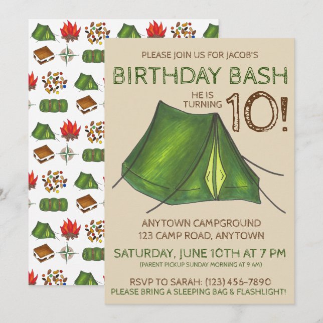 Invitation Fête d'anniversaire Camp de bash Tente Sleepover C (Devant / Derrière)