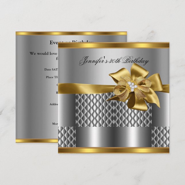 Invitation Fête d'anniversaire Carreau doré Trim Argent Gris  (Devant / Derrière)