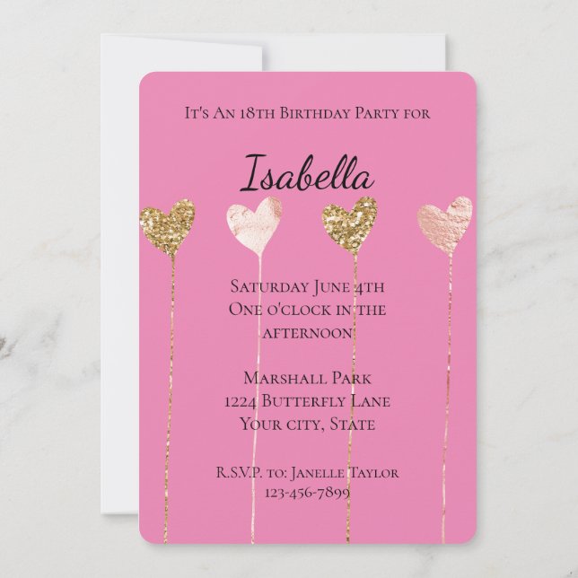 Invitation Fête d'anniversaire Chaînes de coeur Paillettes do (Dos)