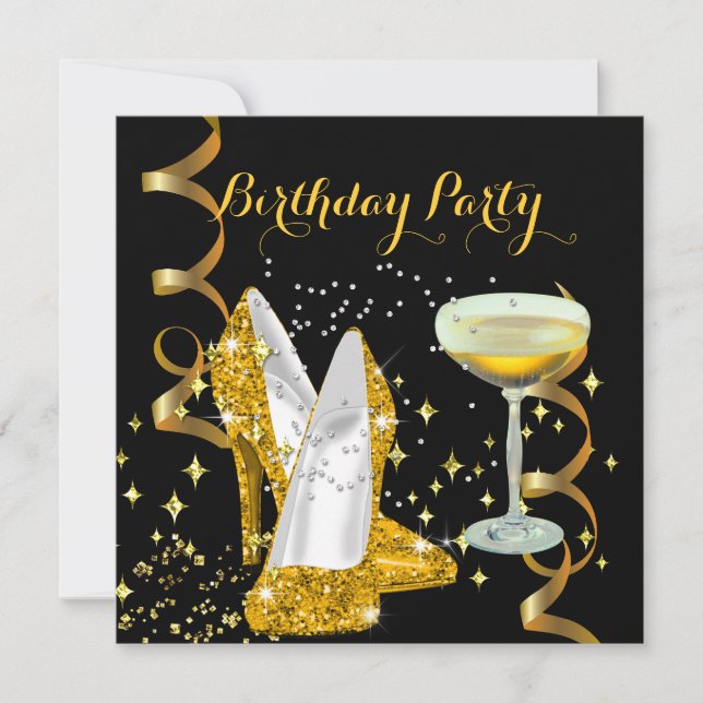 Invitation Fête d'anniversaire Champagne Gold Chaussures (Devant)