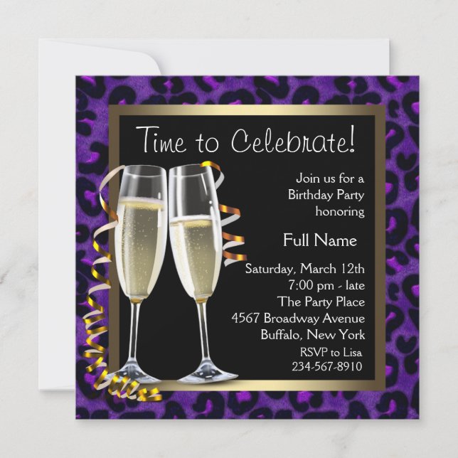 Invitation Fête d'anniversaire Champagne Purple Leopard (Devant)