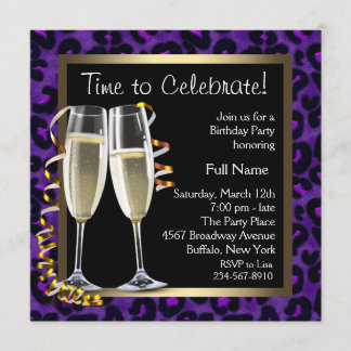 Invitation Fête d'anniversaire Champagne Purple Leopard