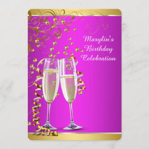 Invitation Fête d'anniversaire Champagne Rose Chaud Or