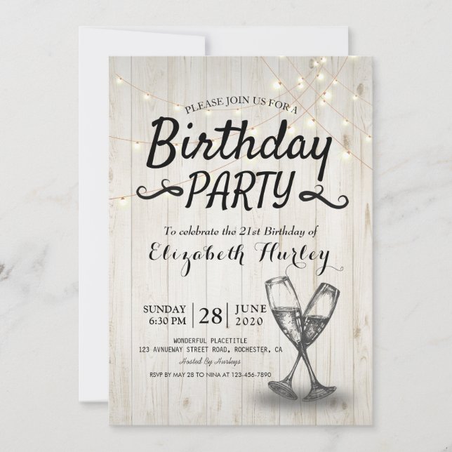 Invitation Fête d'anniversaire Champagne Verre Bois Chaîne Lu (Devant)