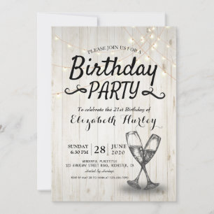 Invitation Fête d'anniversaire Champagne Verre Bois Chaîne Lu