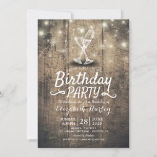 Invitation Fête d'anniversaire Champagne Verre Bois Chaîne Lu