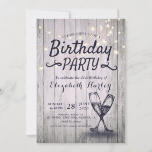 Invitation Fête d'anniversaire Champagne Verre Bois Chaîne Lu