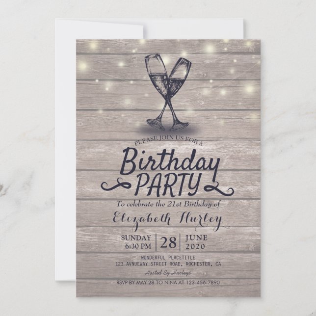 Invitation Fête d'anniversaire Champagne Verre Bois Chaîne Lu (Devant)