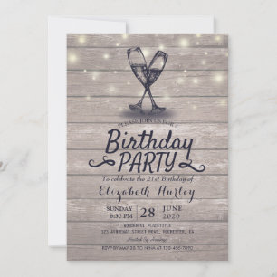 Invitation Fête d'anniversaire Champagne Verre Bois Chaîne Lu