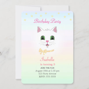 Invitation Fête d'anniversaire Chat & Étoiles sur Couleurs Pa