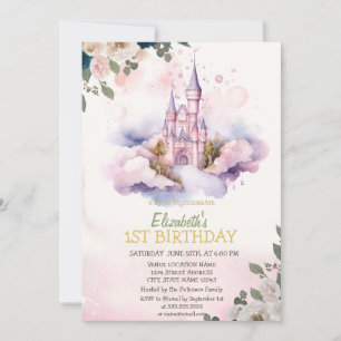 Invitation Fête d'anniversaire Château Nuages Fleurs Points