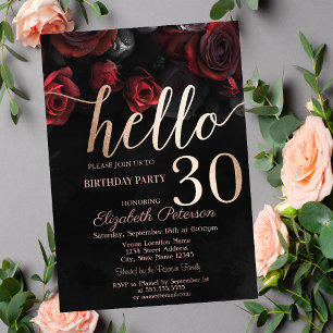 Invitation Fête d'anniversaire chic 30 ans Roses rouges sur f