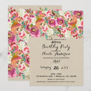 Invitation Fête d'anniversaire chic florale et kraft shabby c